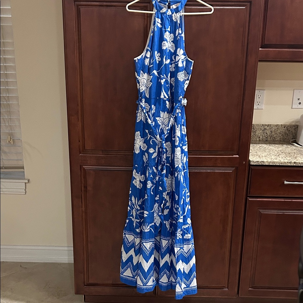 Blue Dizzy Lizzy brand Floral Halter Maxi Dress with Tie Waist